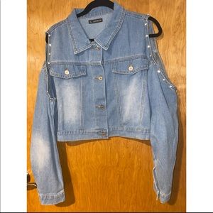 Blue denim jacket with open shoulder and gems. 3X